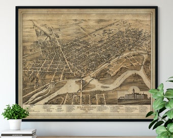 1875 Brantford Ontario Birds Eye View Print - Vintage Map Art, Antique Street Map Print, Aerial View Poster, Historical Art, Canada Wall Art