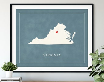 Custom Virginia Map Art - Heart Over ANY City - Customized State Map Silhouette, Personalized Gift, Hometown Love Print, Travel Heart Map