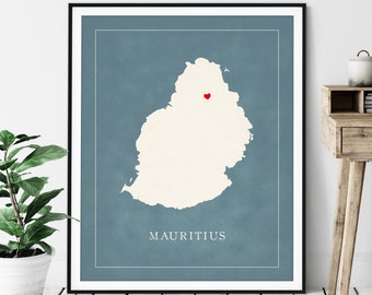 Custom Mauritius Map Art - Heart Over ANY City - Customized Country Map Silhouette, Personalized Gift, Hometown Love Print, Travel Heart Map