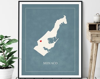 Custom Monaco Map Art - Heart Over ANY City - Customized Country Map Silhouette, Personalized Gift, Hometown Love Print, Travel Heart Map