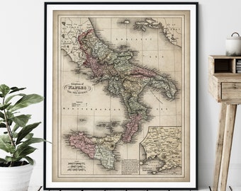 1857 Kingdom of Naples & Two Sicilies Map Print - Vintage Sicily Map Art, Antique Southern Italy Map, Old Map Poster, Sicilia Wall Art, Gift