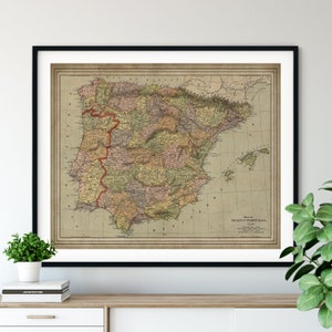 1897 Espagne Carte, Portugal Carte, vintage Map Art, Antique Map Print, Office Wall Art, Madrid, Valencia, Old Map, Carte Poster, Lisbonne, Cadeaux