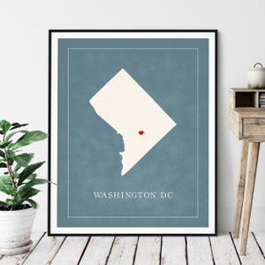 Art personnalisé de Washington DC - coeur sur n'importe quelle ville - silhouette de carte d'état personnalisée, cadeau personnalisé, impression amour ville natale, carte coeur de voyage