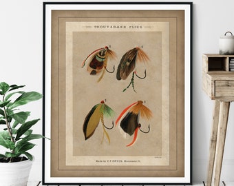 1892 Antique Trout & Bass Fishing Flies Print - Vintage Fish Art, Gifts for Men, Angling Fish Art, Fish Print, Fisherman Gift, Lures Fisher