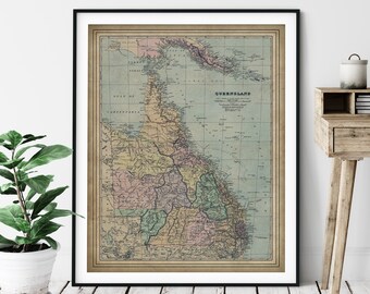 1904 Queensland Australia Map Print, Vintage Map Art, Antique Queensland Map, Old Map, Living Room, Queensland Art, Australia Gift, Aussie