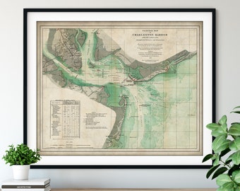 1865 Charleston Harbor, SC Map Print - Vintage Map Art, Antique Map, Old Map Poster, Atlas Wall Art, Folly Island, Hog Drum, South Carolina