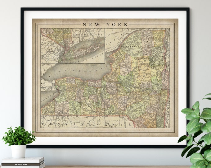 1897 New York Map Print, Vintage Map Art, Antique Map, Map of New York State, Old Map, New York Art, NY Gifts, New York Print, State Map