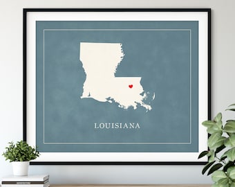 Custom Louisiana Map Art - Heart Over ANY City - Customized State Map Silhouette, Personalized Gift, Hometown Love Print, Travel Heart Map
