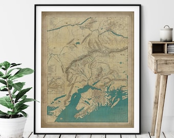 1910 Central Alaska Map Print, Vintage Alaska Map Art, Antique Alaska Map, Alaska Art, Old Maps, Kenai, Yukon River, Prince William Sound