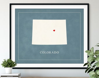 Custom Colorado Map Art - Heart Over ANY City - Customized State Map Silhouette, Personalized Gift, Hometown Love Print, Travel Heart Map