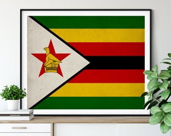 Zimbabwe Flag Print, Zimbabwe Flag Art, Zimbabwe Gifts, Flag Poster, Moving Gift, Vintage Flag Wall Art, Zimbabwe Art, African Gifts, Africa