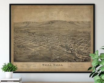 1876 Walla Walla Washington Birds Eye View Print - Vintage Map Art, Antique Street Map Print, Aerial View Poster, Historical Wall Art