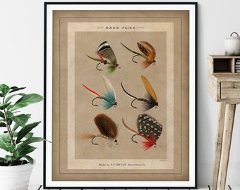 1892 Antique Bass Flies Print - Vintage Fish Art, Fishing Gifts for Men, Angling Fish Art, Fish Print, Fish Decor, Fisherman Gift, Lures