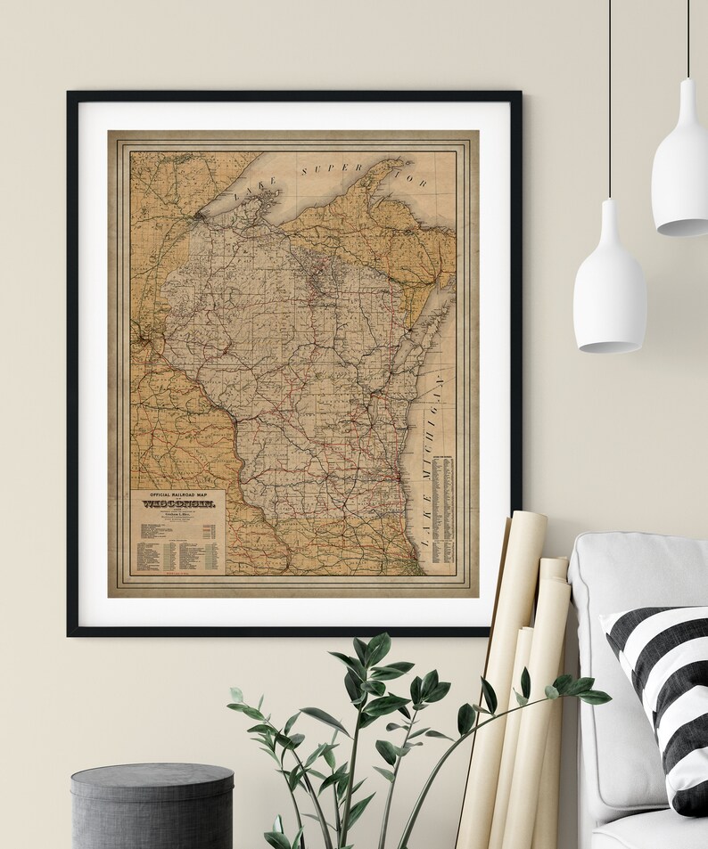 1900 Wisconsin Railroad Map Print, Vintage Wisconsin Map Art, Antique Wisconsin Map, Old Map, Railway Map, Train Gifts, Locomotive Wall Art image 3