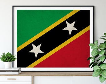 Saint Kitts & Nevis Flag Print, Saint Kitts Flag Art, Moving Gift, Housewarming Gift, Vintage Flag Wall Art, St Kitts Print. Living Room Art