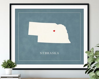 Custom Nebraska Map Art - Heart Over ANY City - Customized State Map Silhouette, Personalized Gift, Hometown Love Print, Travel Heart Map