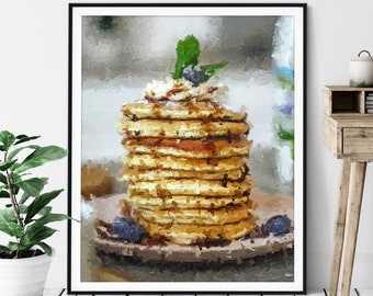 Pancakes Print -"The Stack" - Flap Jacks, Oil Painting Poster, Kitchen Wall Art, Breakfast Nook Wall Decor, Abstract Food Artwork, Cafe Art