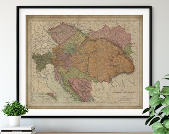 1897 Austria - Hungary Map Print, Vintage Austria Map Art, Antique Map, Old Map, Hungary Art, Transylvania, Hungary Gifts, Bosnia, Croatia