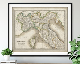 1844 North Italy Map Print - Vintage Map Art, Antique Map, Old Map Poster, Italian Wall Art, Corsica, Naples, Tuscany, Sardinia, Milan, Nice