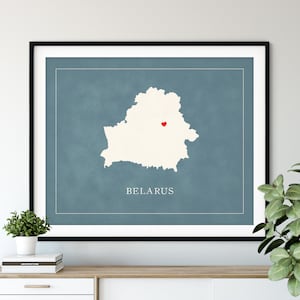 Custom Belarus Map Print with Heart Over Any City: Personalized Hometown & Travel Art