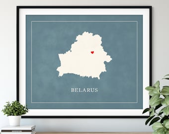 Custom Belarus Map Art - Heart Over ANY City - Customized Country Map Silhouette, Personalized Gift, Hometown Love Print, Travel Heart Map