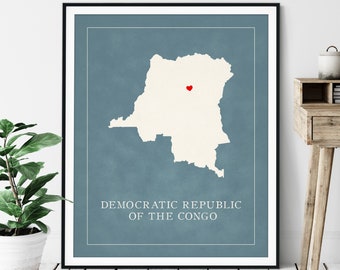 Custom Democratic Republic of Congo Map Art - Heart Over ANY City - Customized Country Silhouette, Personalized Gift, Love Print, Travel Map