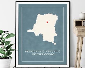 Custom Democratic Republic of Congo Map Art - Heart Over ANY City - Customized Country Silhouette, Personalized Gift, Love Print, Travel Map