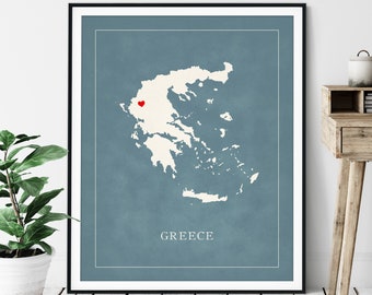 Custom Greece Map Art - Heart Over ANY City - Customized Country Map Silhouette, Personalized Gift, Hometown Love Print, Travel Heart Map