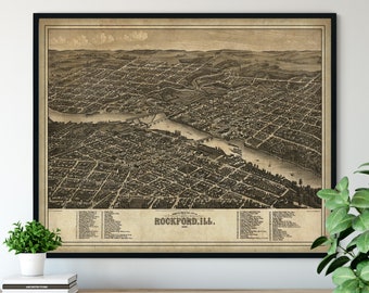 1880 Rockford Illinois Birds Eye View Print - Vintage Map Art, Antique Street Map Print, Aerial View Poster, Historical Art, IL Wall Art