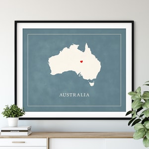 Art de carte d'Australie personnalisé - coeur sur n'importe quelle ville - Silhouette de carte de pays personnalisée, cadeau personnalisé, impression amour ville natale, carte coeur de voyage
