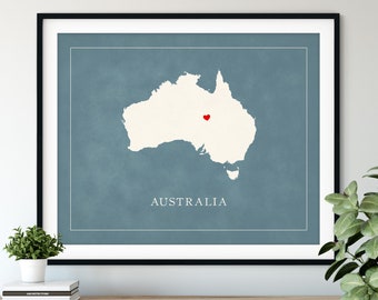 Custom Australia Map Art - Heart Over ANY City - Customized Country Map Silhouette, Personalized Gift, Hometown Love Print, Travel Heart Map