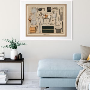May include: A vintage illustration of horse riding equipment, including a saddle, bridle, stirrups, and other accessories. The illustration is in a muted colour palette with a white horse and brown leather goods.