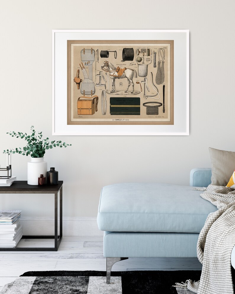 May include: A vintage illustration of horse riding equipment, including a saddle, bridle, stirrups, and other accessories. The illustration is in a muted colour palette with a white horse and brown leather goods.