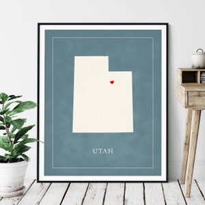 Custom Utah Art - Heart Over ANY City - Customized State Map Silhouette, Personalized Gift, Hometown Love Print, Travel Heart Map