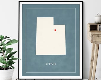 Custom Utah Art - Heart Over ANY City - Customized State Map Silhouette, Personalized Gift, Hometown Love Print, Travel Heart Map