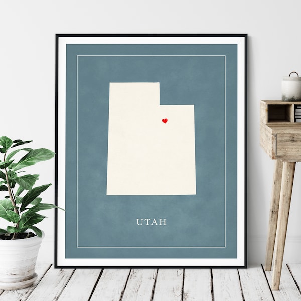 Custom Utah Art - Heart Over ANY City - Customized State Map Silhouette, Personalized Gift, Hometown Love Print, Travel Heart Map