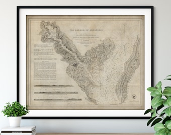 1846 Annapolis Harbor Map Print - Vintage Maryland Map Art, Antique Map Wall Art, Old Map Poster, Chesapeake Bay, Severn River, Topography