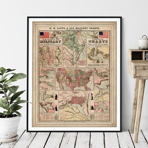 May include: A vintage map of the United States from H.H. Lloyd & Co's Military Charts, showing the principal strategic places of interest during the Civil War. The map is divided into sections, with each section showing a different part of the country. The map is printed in black, red, green, and blue ink on a cream-colored background.
