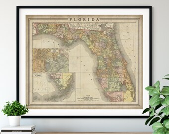 1897 Florida Map Print, Vintage Map Art, Antique Map, Old Maps, Florida Wall Art, South Florida Art, Florida Print, Moving Gift, County Map