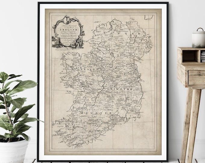 Featured listing image: 1795 Irish Surname Map Print - Vintage Ireland Map Art, Antique Family Last Name Map, Old Genealogy Poster, Irish Clans Sept Wall Art, Gift