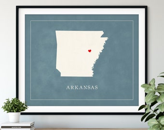Custom Arkansas Map Art - Heart Over ANY City - Customized State Map Silhouette, Personalized Gift, Hometown Love Print, Travel Heart Map