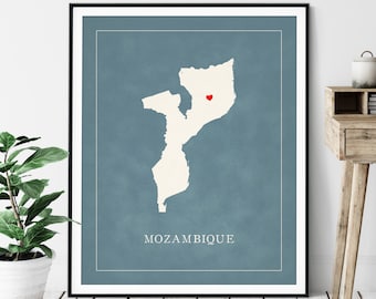 Custom Mozambique Map Art - Heart Over ANY City - Customized Country Map Silhouette, Personalized Gift, Hometown Love Print Travel Heart Map