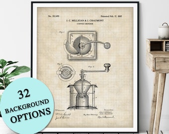 Coffee Grinder Patent Print - Customizable Coffee Bean Mill Patent, Coffee Gifts, Coffee Shop Poster, Coffee Bar Wall Decor, Cafe Art