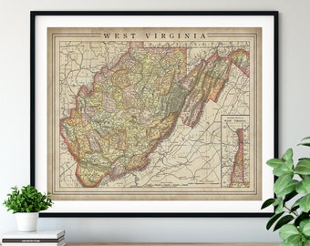 1897 West Virginia Map Print, Vintage Map Art, Antique Map, Old Map, West Virginia Wall Art, West Virginia Art, West Virginia Print, County