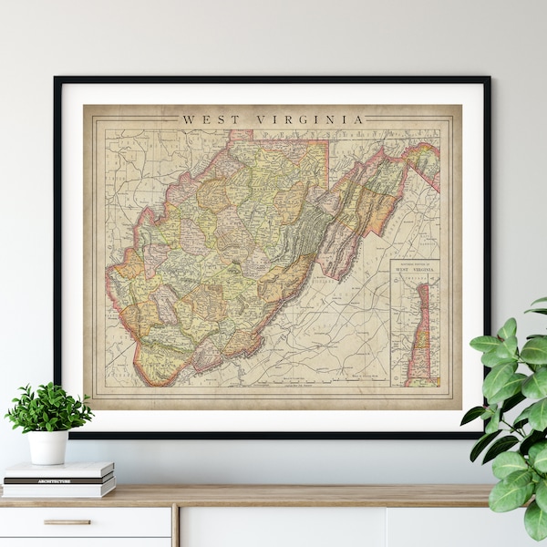 1897 West Virginia Map Print, Vintage Map Art, Antique Map, Old Map, West Virginia Wall Art, West Virginia Art, West Virginia Print, County