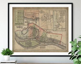 1873 Wheeling West Virginia Map Print, Vintage Map Art, Antique Map, Old Map, Neighborhood Map, Wheeling WV Street Map, Benwood, Moundsville