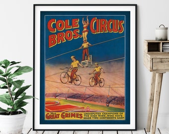 Vintage Circus Print - Antique Circus Poster, Circus Art, Hire Wire, Tight Rope Walker, Retro Circus Wall Art, Nursery Art, Bicycle, Gift