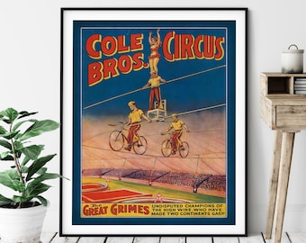 Vintage Circus Print - Antique Circus Poster, Circus Art, Hire Wire, Tight Rope Walker, Retro Circus Wall Art, Nursery Art, Bicycle, Gift