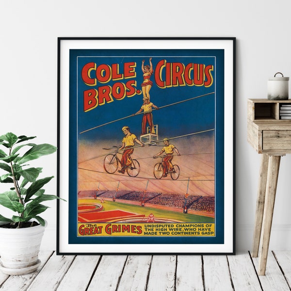 Vintage Circus Print - Antique Circus Poster, Circus Art, Hire Wire, Tight Rope Walker, Retro Circus Wall Art, Nursery Art, Bicycle, Gift