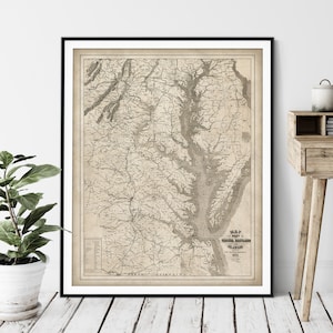 Impression de carte de la baie de Chesapeake 1861 - Maryland, Virginie, Delaware, art de la carte vintage, art mural carte antique, affiche de carte ancienne, cadeaux du Maryland